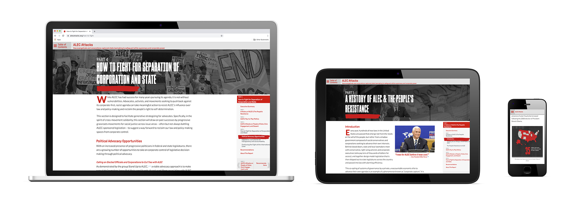 ALEC Attacks website on laptop, tablet, and phone