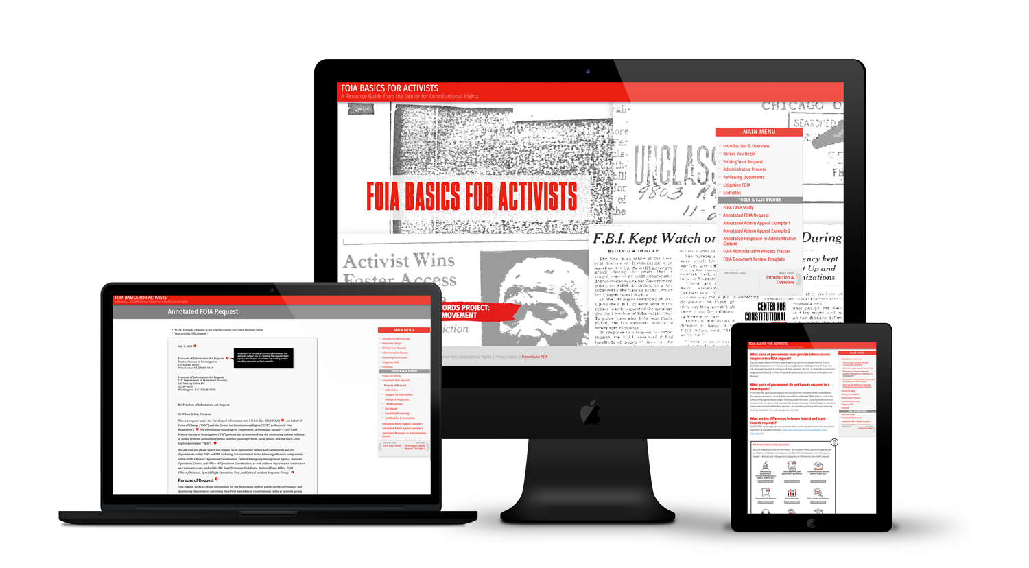 FOIA Basics screenshots on laptop, desktop, and mobile